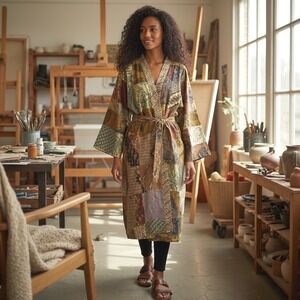 Jaded Gypsy NWOT Patchwork Batik Robe OS Multicolor Good Boho Kimono Long Sleeve